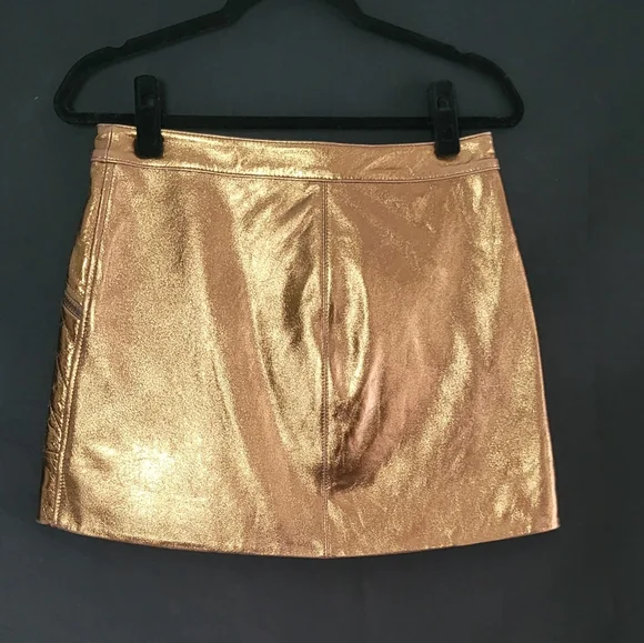 AS by DF NWT Leather  Bronze Mini Skirt 15" Zip Closure W/2 Snaps Size Small - Picture 3 of 10